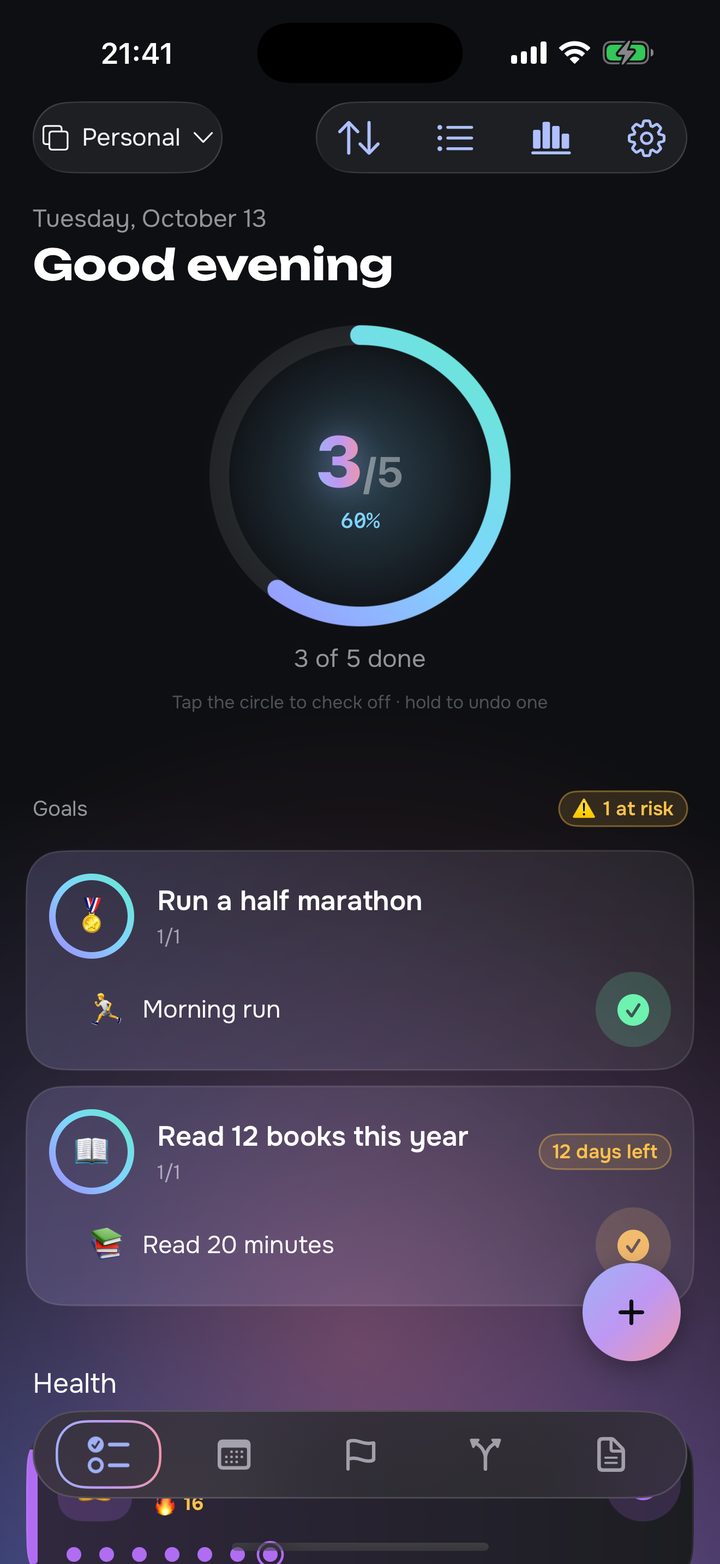 Diplina's Today screen: a progress ring showing 3 of 5 habits done, and a half-marathon goal with its morning run ticked off.